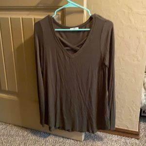 One grey and one olive long sleeve shirts